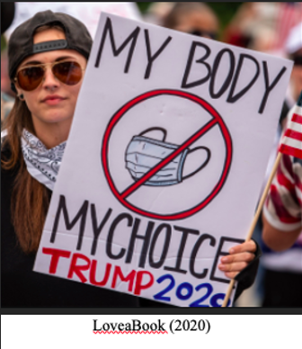person holding sign reading "my body, my choice. Trump 2020). There is a picture of an n64 mask with a ghostbuster-esque circle and line to indicate that they do not like masks. This is in line with the person's appearance which seems upset, based on their maskless face.