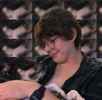 emily hugs her dog, Zeus, whose face has been copied and tiled over the background. 